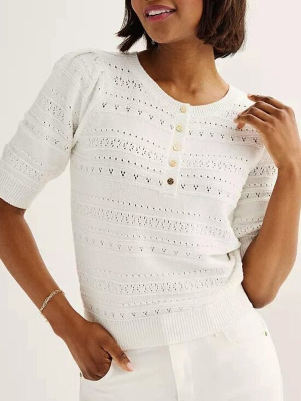 New Draper James Annabelle 100% Cotton Pointelle Sweater Top Cream XXL $145